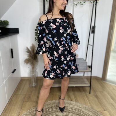 Robe Épaules Dénudées Noire à Fleurs