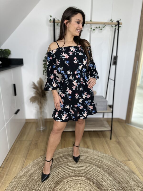 Robe Épaules Dénudées Noire à Fleurs
