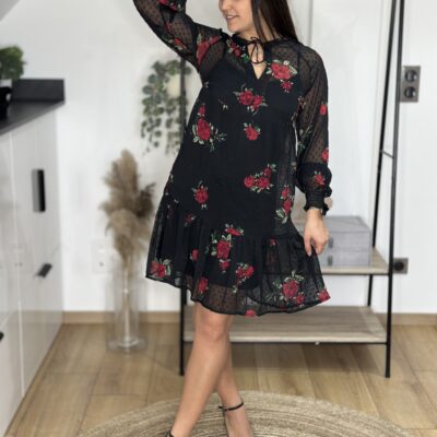 Robe Noire Fleurie Plumetis