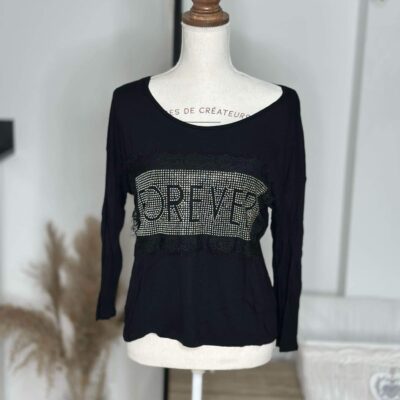 T-shirt Noir "FOREVER" – Manches Longues & Détail Strassé