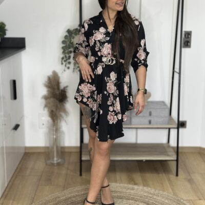 Robe chemise noire à fleurs avec ceinture